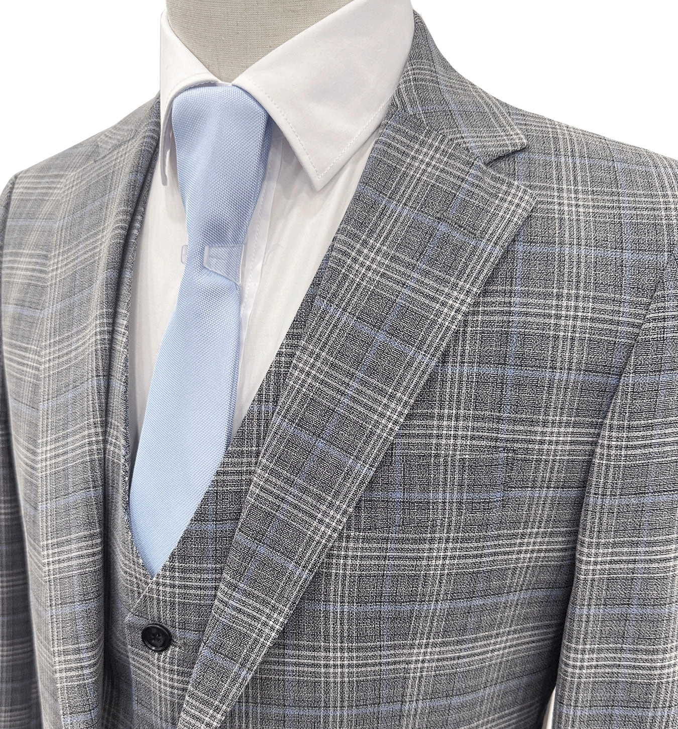 Angelo Rossi: Grauer Glen Check Anzug mit Weste - Modern & Stilvoll. Blaues Detail für den Mann.